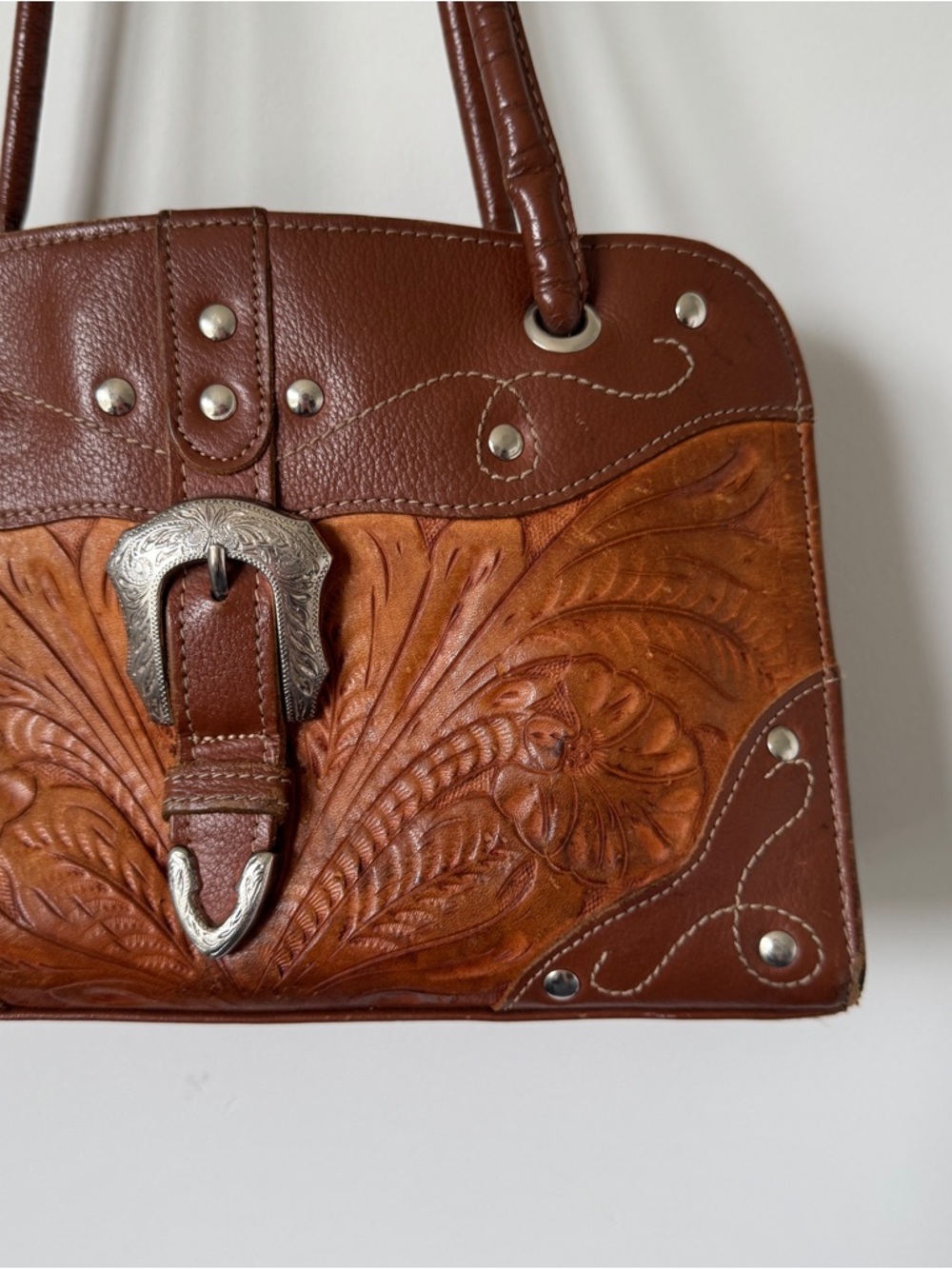 Vintage Tooled Leather Western Handbag | American West Style Buckle Purse Brown
